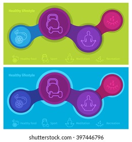 Infographics healthy lifestyle with healthy food icons, dumbbell, fruits, camping. Diet concept. Meal plan. Fitness food.  Meditation icon. 