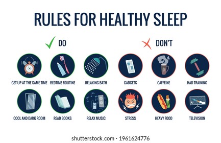 Infographics of healthy sleep tips. Useful advices for better sleep. Recommendation for night rest. Bedtime routine for good sleep