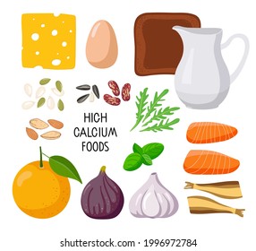Infographics High calcium foods. Healthy lifestyle. Influence on the bone and neuromuscular system. Set of foods rich with Ca greens, dairy products, nuts, fruits and fish