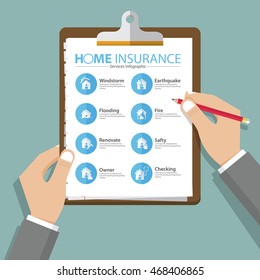 Infographics Of Home Or Real Estate Insurance Report  In Flat Design. Hand Holding Clipboard. Vector Illustration