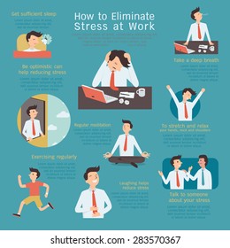 Infographics of how to eliminate or reduce stress at workplace. Simple character with flat design. 