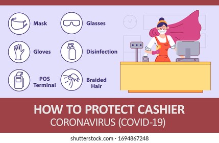 Infographics how to protect cashier at grocery store from infection coronovirus. Seller behind store cash register stand in superhero cloak in protective mask, glasses and gloves. Warning Banner