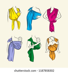 Infographics, how to wear a scarf sling. The correct position of the baby in a sling. The stylized image of mother and baby in her arms. Vector drawing sling scarf. Using a sling for child care.