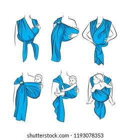 Infographics, how to wear a scarf sling. The correct position of the baby in a sling. The stylized image of mother and baby in her arms. Vector drawing sling scarf.