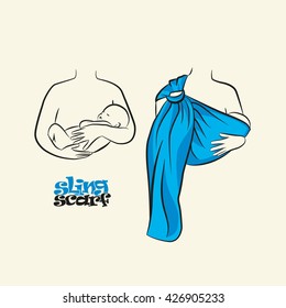 Infographics, how to wear a scarf sling. The correct position of the baby in a sling. The stylized image of mother and baby in her arms. Vector drawing sling scarf.