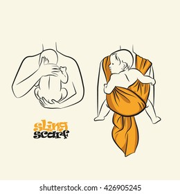 Infographics, how to wear a scarf sling. The correct position of the baby in a sling. The stylized image of mother and baby in her arms. Vector drawing sling scarf.