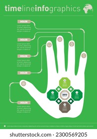 Infographics with human hand silhouette on green background. infographic of technology or education process with four parts.