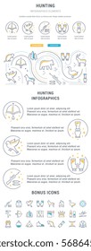 Infographics of hunting draw in the style flat and line. Concept for web banners and printed materials. Template with buttons for website and landing page.