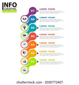 Plantilla de icono de infografía para negocios, presentación, diseño web, 7 opciones, multicolor. Se utiliza para crear proyectos empresariales, informes anuales, Internet.Concepto empresarial, pasos de proceso, vector, signo