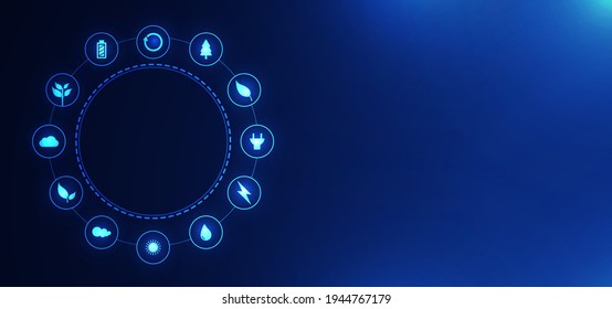 Infographics And Icons For Alternative Innovation Energy. Climate Change And Global Warming Idea. Renewable Energy Collage. Vector Illustration With Future Technology Idea In Blue.