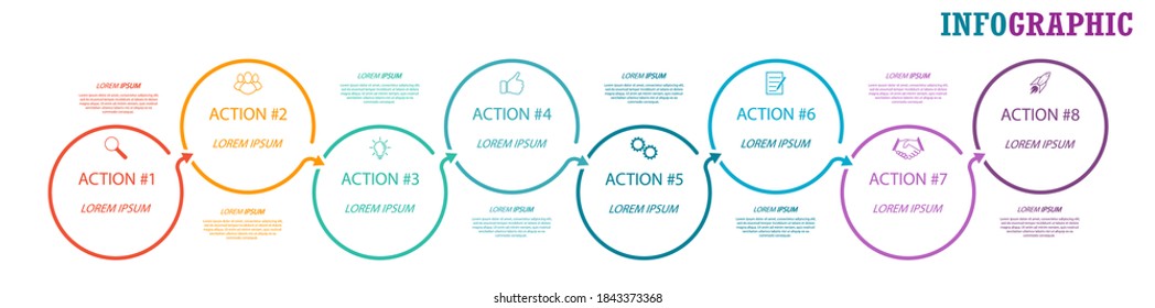 Infographics with icons for business, Finance, project, plan, or marketing. 8 stages. Flat vector style