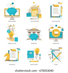 Infographics icons collection for business strategy, e-learning, blog, online shopping, banking, evaluation, financial consulting vector illustration. Line icons set. Flat design web graphics elements