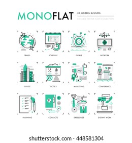 Infographics icons collection of business travel, marketing tactics, planning working goals. Modern thin line icons set. Premium quality vector illustration concept. Flat design web graphics elements.