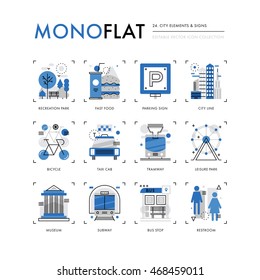 Infographics icons collection of city buildings, park recreation zone, public transportation. Modern thin line icons set. Premium quality vector illustration concept. Flat design web graphics elements