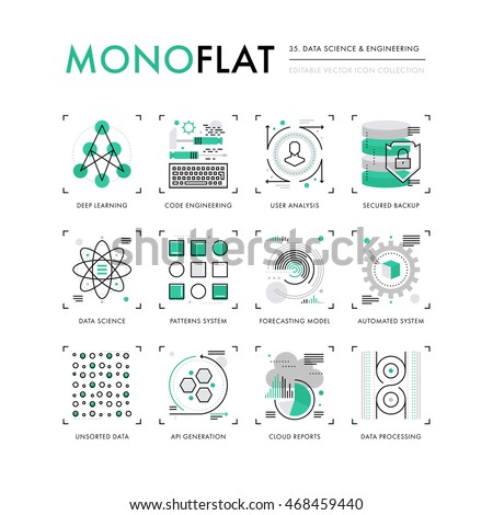 Infographics icons collection of data science, programming technology, deep learning algorithm. Modern thin line icons set Premium quality vector illustration concept Flat design web graphics elements