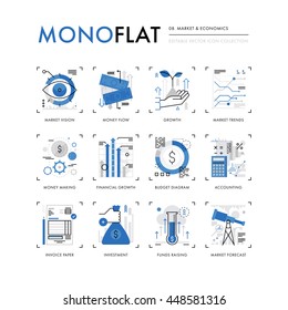 Infographics icons collection of global market economics, funds raising and financial trends. Modern thin line icons set. Premium quality vector illustration concept. Flat design web graphics elements