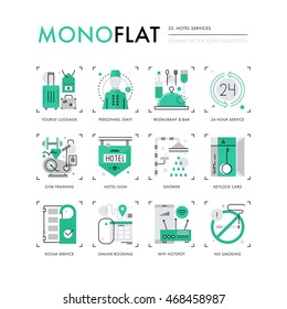 Iconos de infografía colección de servicio de hotel, personal de recepción, servicio de habitaciones para turistas. Conjunto de iconos modernos de línea delgada. Concepto de ilustración vectorial de calidad superior. Elementos gráficos web de diseño plano.