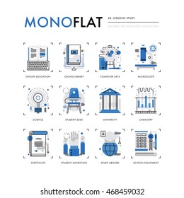 Infographics icons collection of lessons study, online school course, students class desk. Modern thin line icons set. Premium quality vector illustration concept. Flat design web graphics elements.