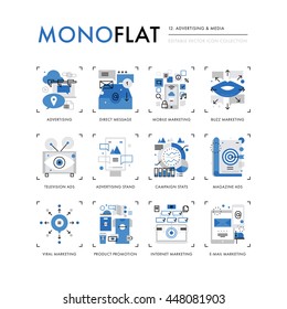 Infographics icons collection of marketing media, advertising stand, product promotion ads. Modern thin line icons set. Premium quality vector illustration concept. Flat design web graphics elements.