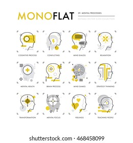 Iconos de infografía colección de procesos mentales, funcionamiento mental del pensamiento, salud cerebral. Conjunto de iconos modernos de línea delgada. Concepto de ilustración vectorial de calidad superior. Elementos gráficos web de diseño plano.