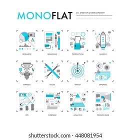 Colección de iconos de infografía de lanzamiento de nuevos negocios, desarrollo de nuevas empresas, investigación de mercado. Conjunto de iconos modernos de línea delgada. Concepto de ilustración vectorial de calidad superior. Elementos gráficos web de diseño plano.