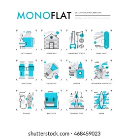 Infographics icons collection of outdoor exploration tools, mountain landscape, hiking items. Modern thin line icons set. Premium quality vector illustration concept. Flat design web graphics elements