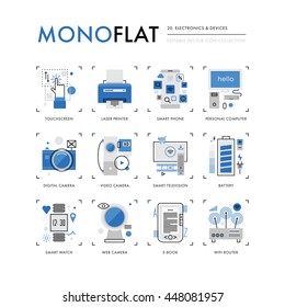 Infographics icons collection of personal computer devices, consumer electronics technology. Modern thin line icons set. Premium quality vector illustration concept. Flat design web graphics elements.