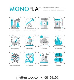 Infographics Icons Collection Of Power Industry, Electricity Grid Systems, Gas Transportation. Modern Thin Line Icons Set. Premium Quality Vector Illustration Concept. Flat Design Web Graphics Element