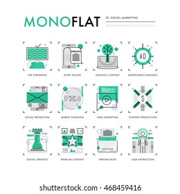 Infographics icons collection of premium marketing content strategy, advertising channels,. Modern thin line icons set. Premium quality vector illustration concept. Flat design web graphics elements.