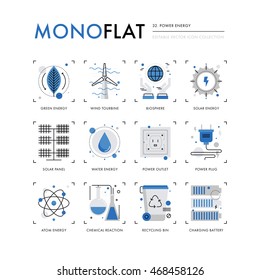 Infographics icons collection of sustainable energy, clean power sources and ecology friendly. Modern thin line icons set. Premium quality vector illustration concept. Flat design web graphics element