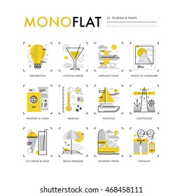 Infographics icons collection of tourist trip for vacation, air plane and railroad traveling. Modern thin line icons set. Premium quality vector illustration concept. Flat design web graphics elements