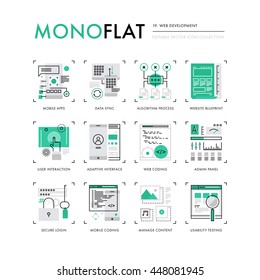 Infographics icons collection of web development, mobile apps coding, user interface testing. Modern thin line icons set. Premium quality vector illustration concept. Flat design web graphics elements