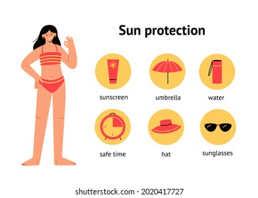 Infographics Illustration About Skin Protection And Sun Safety. Icon Set. Instruction For Sunbathing On The Beach. Vector Flat Illustration Isolated On White Background.