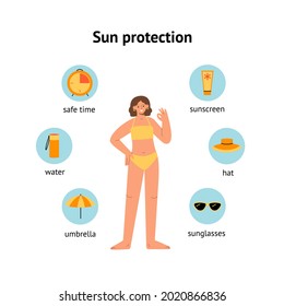 Infographics Illustration About Skin Protection And Sun Safety. Icon Set. Instruction For Sunbathing On The Beach. Vector Flat Illustration Isolated  On White Background.