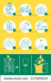 Info-graphics illustration potato chips industrial preparation in factory, process harvesting, inspection, peeler, slicing, washing, frying  oil, drying, salt shaker, filling, packaging in yellow bags