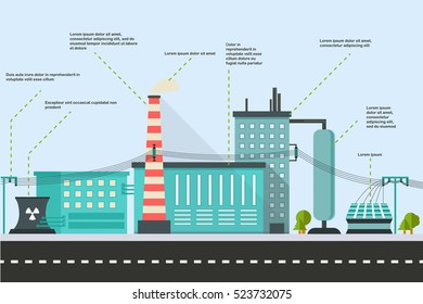 Infographics of Industrial factory buildings with electricity line