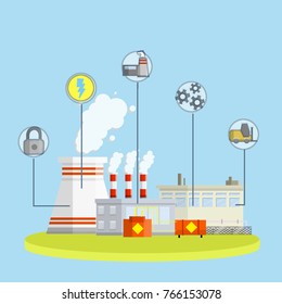infographics industrial zone. Technical building, power plants. Pipe factories of the energy sector - cartoon flat illustration