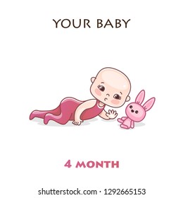 Infographics of infant development in the first year of life. Child milestones of first year. Stages of child development in the first year of life. Four month old baby crawling over toy. 