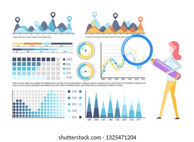 Infographics and infocharts vector, editable info representation. Woman working with tool, investigating results. Magnifying glass zooming instrument