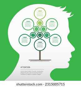 Infographics inside human head silhouette. Eco Business presentation concept with six options, parts, steps or processes. Tree of development and growth of the business.