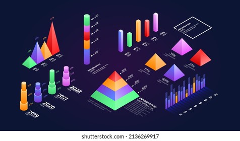 Infographics isometric elements. Futuristic 3d isometric data graphic, business charts, statistics diagram and infographic.