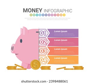 Infographics for Keep and accumulate cash savings; Piggy bank with gold coins; 4 step Safe finance investment and financial services.Vector EPS.