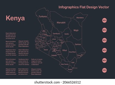 Infographics Kenya map outline, flat design, color blue  vector