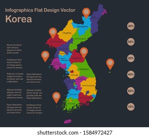 Infographics Korea Republic map, flat design colors, with names of individual administrative division, blue background with orange points vector