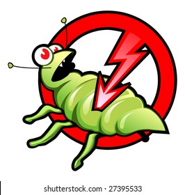 Infographics Label: Cartoon Funny Bug for Pest Control Services. "No Insects" Sign. Scared Green Bug on the Red Circle