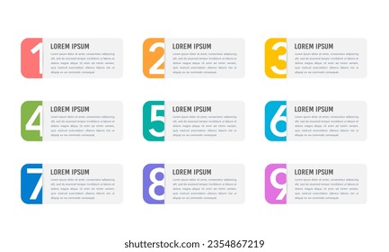 Infographics label numbers 1 to 9 steps or options. Business process. Vector illustration.