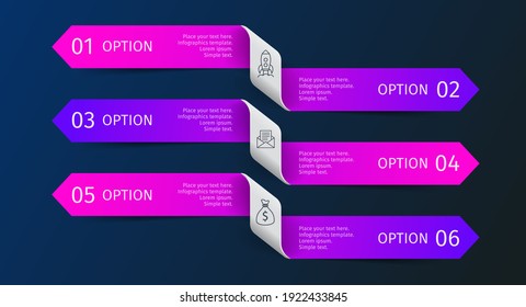 Infographics layout with 6 steps, parts, options, on dark background. Modern colorful glowing purple and blue timeline arrows. Template for horizontal diagram, presentation. Vector illustration.