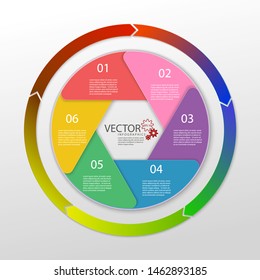 Infographics. Layout of the business plan. Presentation of a new project. Six steps of development. Cyclic orientation. Graphic information. Marketing. Vector illustration.
