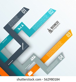 Infographics layout with numbered tabs and business icons arrows and text on textured white background vector illustration
