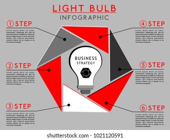 infographics with a light bulb in the shape of a hexagon with six steps, in red and gray tones